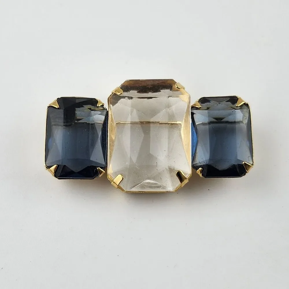 Vintage Gold Tone Avon Clear & Blue Faceted Acrylic Bar Brooch Pin‎
